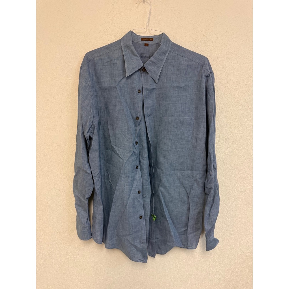 Tasso Elba Mens Blue 100% Linen Long Sleeve Button Down Shirt Large Pocket